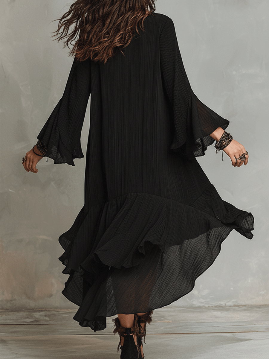 Black Asymmetric Ruffle Midi Dress – Boho Style