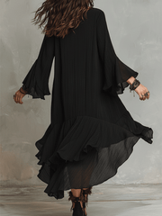 Black Asymmetric Ruffle Midi Dress – Boho Style