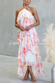 Chiffon Floral Print Halter Maxi Dress with Tiered Ruffles