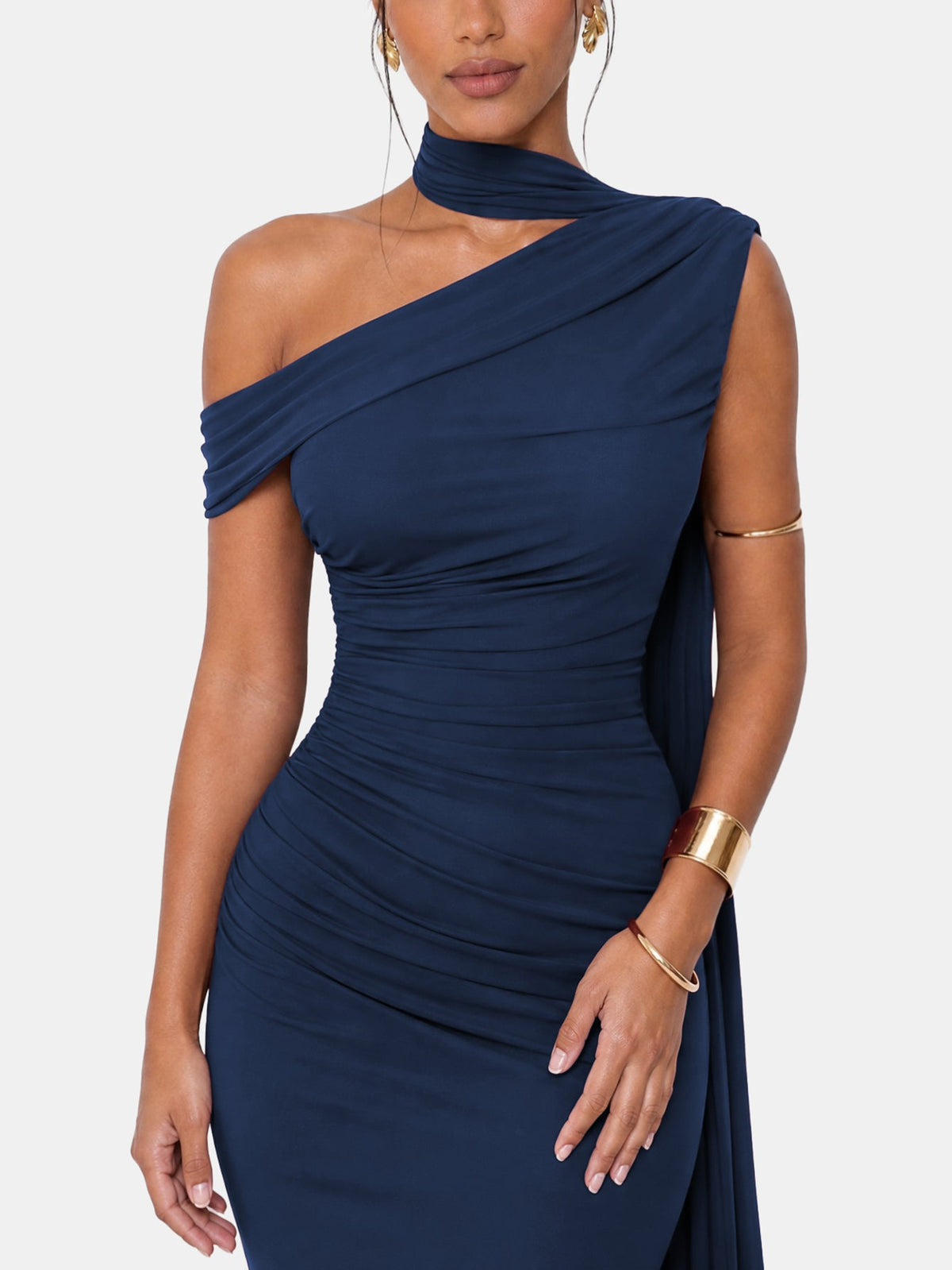 One Shoulder Formal Evening Gown with Built-In Bra, Ruched Mesh