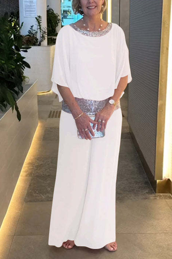 Sequin Patchwork Dolman Sleeve Top & Wide Leg Pants Set