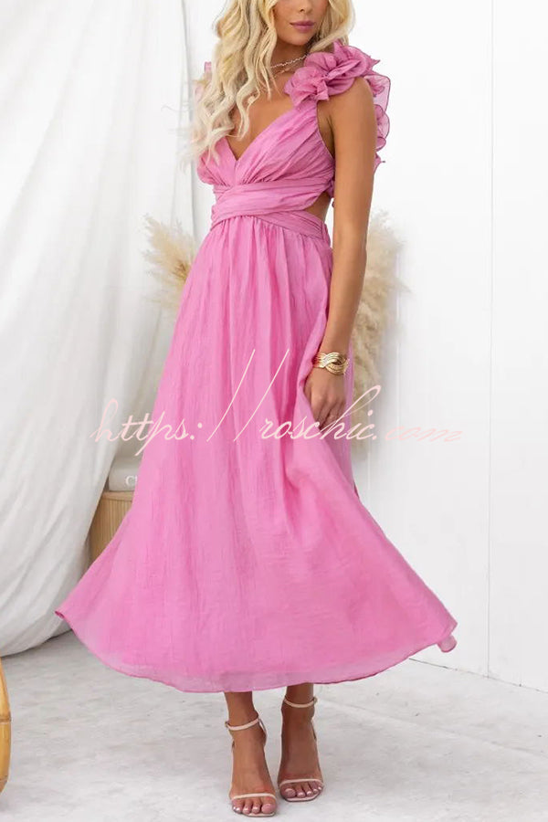 Floral Chiffon Maxi Dress with Ruffle Detail & Lace-Up Back
