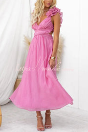 Floral Chiffon Maxi Dress with Ruffle Detail & Lace-Up Back