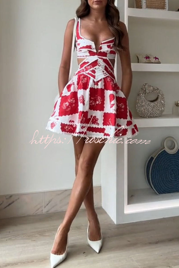 Linen Blend Mini Dress with Ric Rac Trims & Cutout Detail