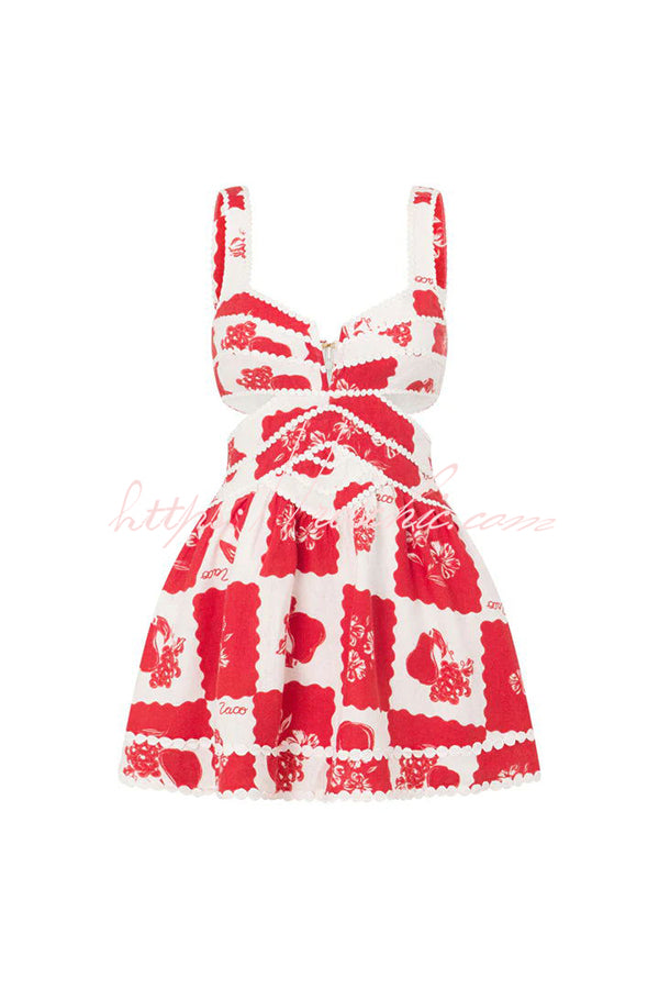 Linen Blend Mini Dress with Ric Rac Trims & Cutout Detail