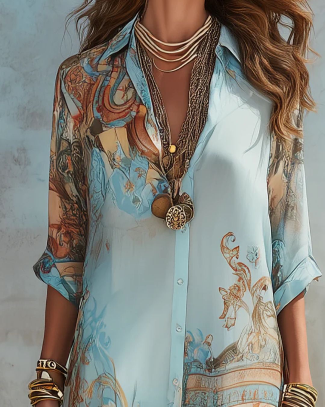 Baroque Floral Blue Chiffon Maxi Dress – A-Line Shirt Style