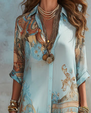 Baroque Floral Blue Chiffon Maxi Dress – A-Line Shirt Style