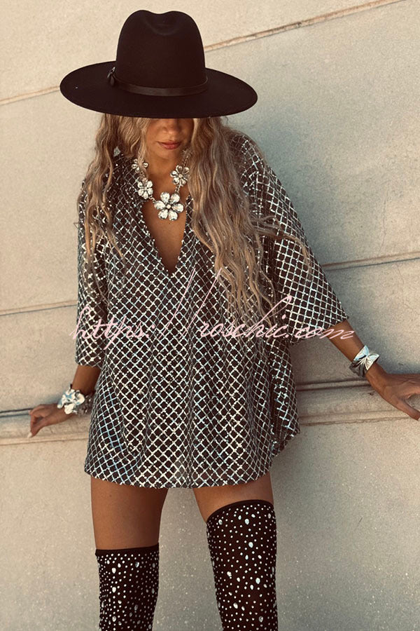 Sequin V-Neck Half Sleeve Loose Party Top