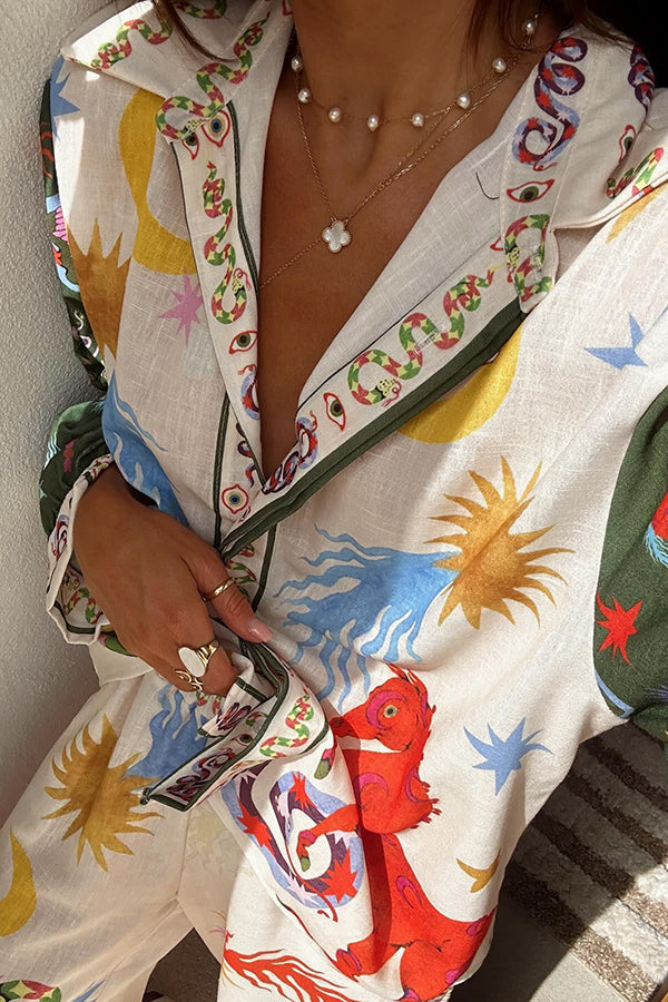 Bohemian Printed Long Sleeve Shirt and Pants Set