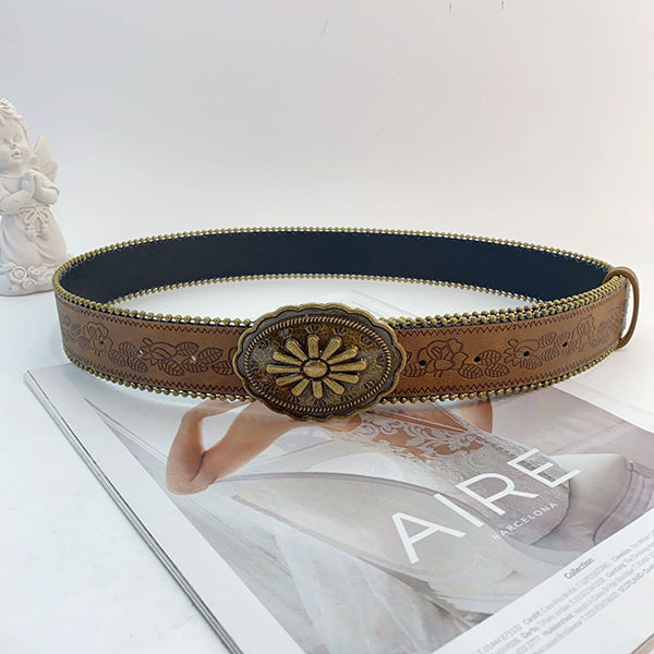 Retro Carved Faux Leather Belt – Brown, 3.8cm Wide