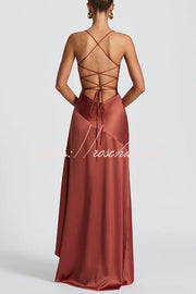 Backless Lace-Up Ruffle Maxi Dress – Spaghetti Strap
