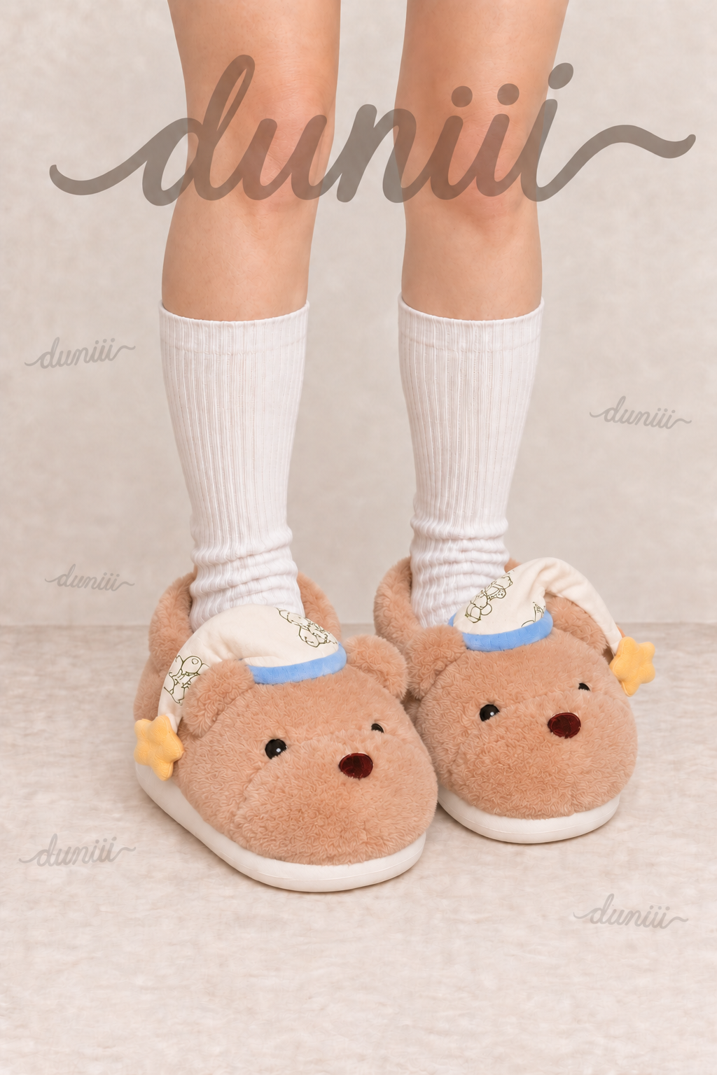 Duniii Plush Bear Face Slippers with Star Accents