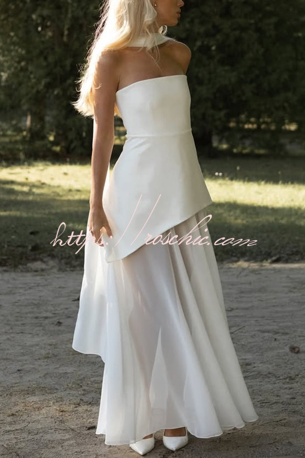 Off Shoulder Chiffon Maxi Dress with Structured Top & Slit