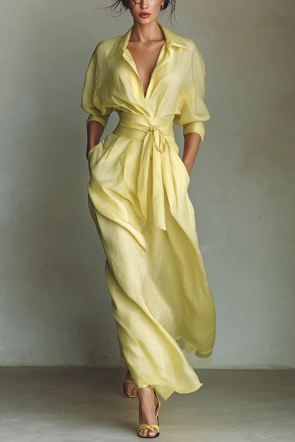 Solid Color Lapel Maxi Dress with Pockets | Long Sleeve