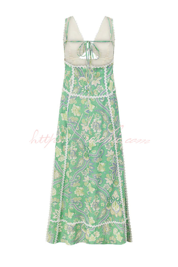 Linen Blend Printed V-Neck Sleeveless Maxi Dress