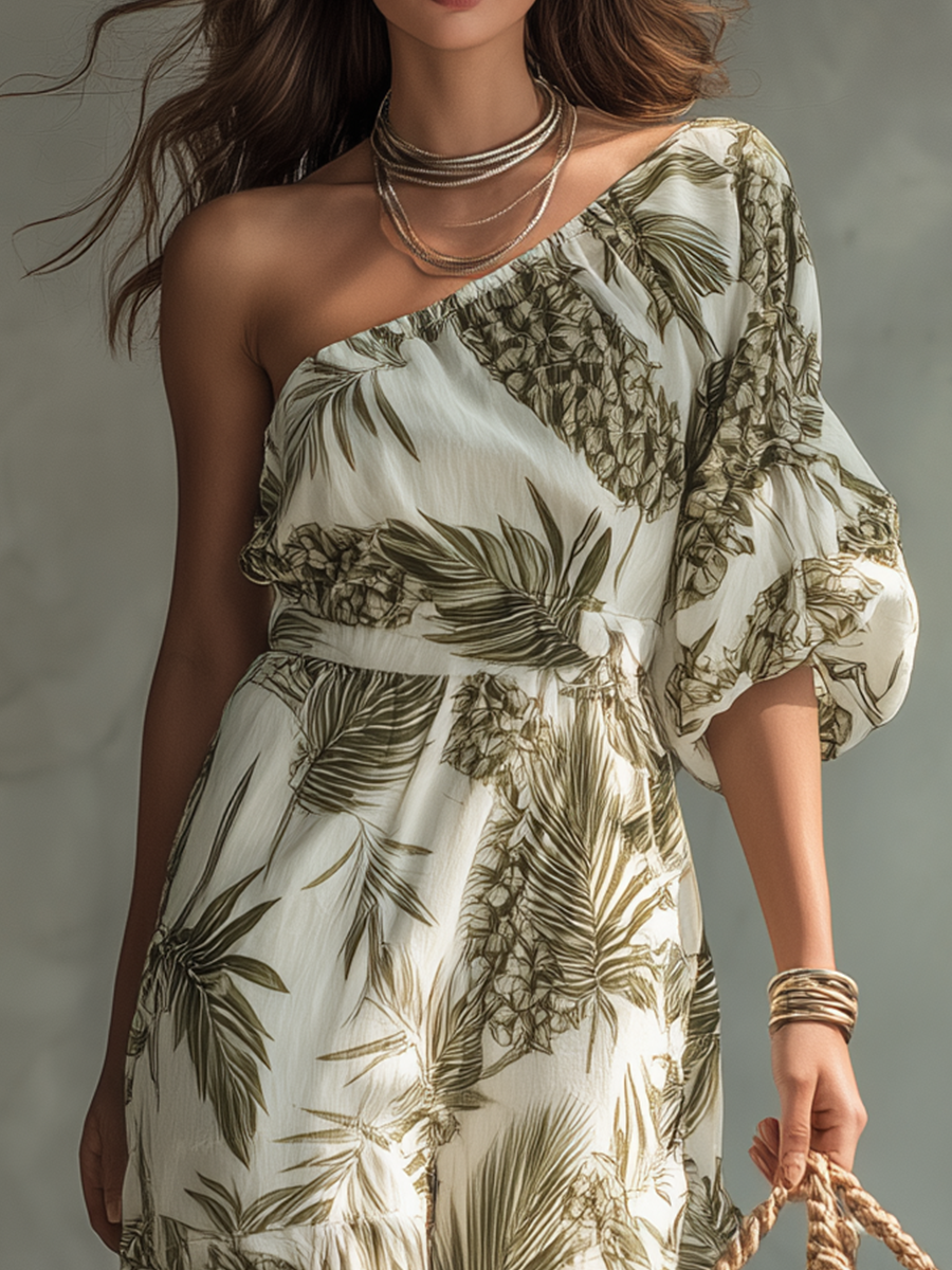 One-Shoulder Printed Maxi Dress with Flowy Silhouette