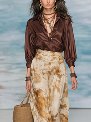 Brown Satin Skirt Set – Bohemian Two-Piece Shirt & Midi