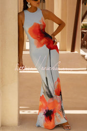 Floral Print Sleeveless Fishtail Maxi Dress | Slim Fit
