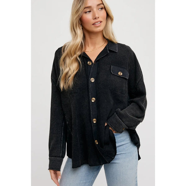 Women's Waffle Knit Shacket Batwing Sleeve Loose Fall Jacket Back to School