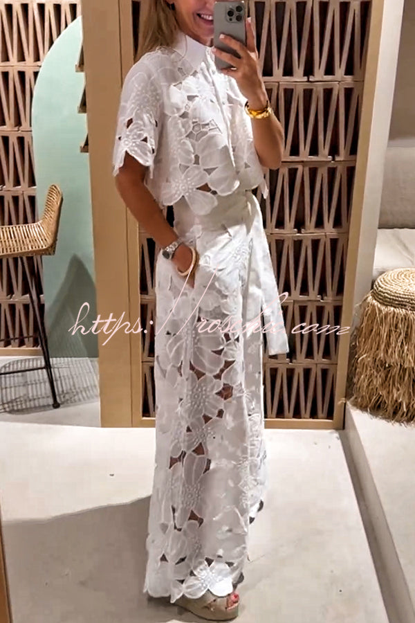 Floral Lace Cropped Shirt & Wide Leg Pants Set with Belt