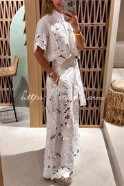 Floral Lace Cropped Shirt & Wide Leg Pants Set with Belt
