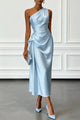 Satin One-Shoulder Midi Dress with Pleated Waist