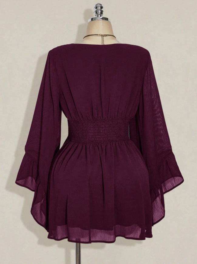 Gothic V-Neck Mini Dress - Long Sleeve Belted Fitted Dress