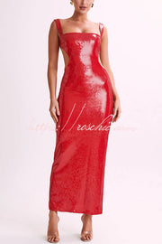 Sequin Backless Maxi Dress – Wide Strap Cutout Waist