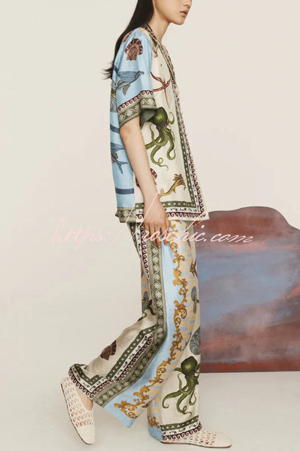 Satin Printed Short Sleeve Shirt & Pants Set