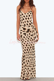 Leopard Polka Dot Chiffon Slip Maxi Dress with Detachable Scarf