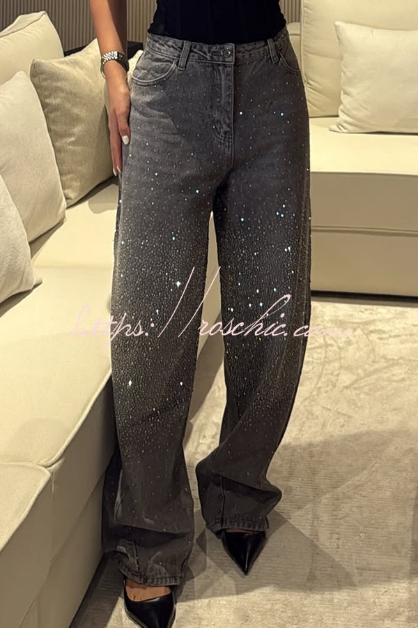 Jean droit ample taille haute en strass avec poches