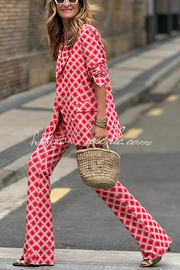 Printed Lapel Blazer & Flare Pants Set – Loose Fit