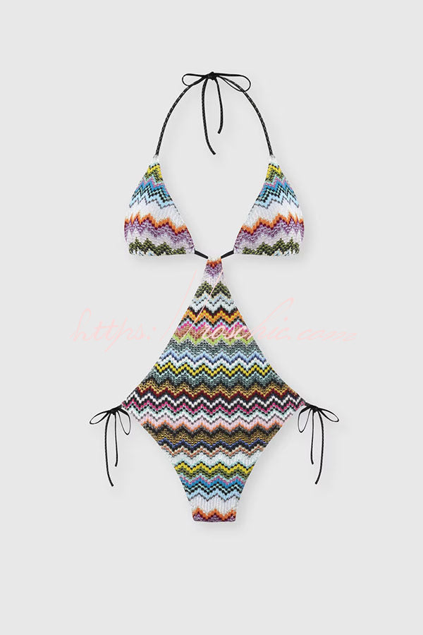 Colorful Zigzag Cutout One-Piece Swimsuit with Tie Waist