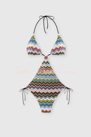 Colorful Zigzag Cutout One-Piece Swimsuit with Tie Waist