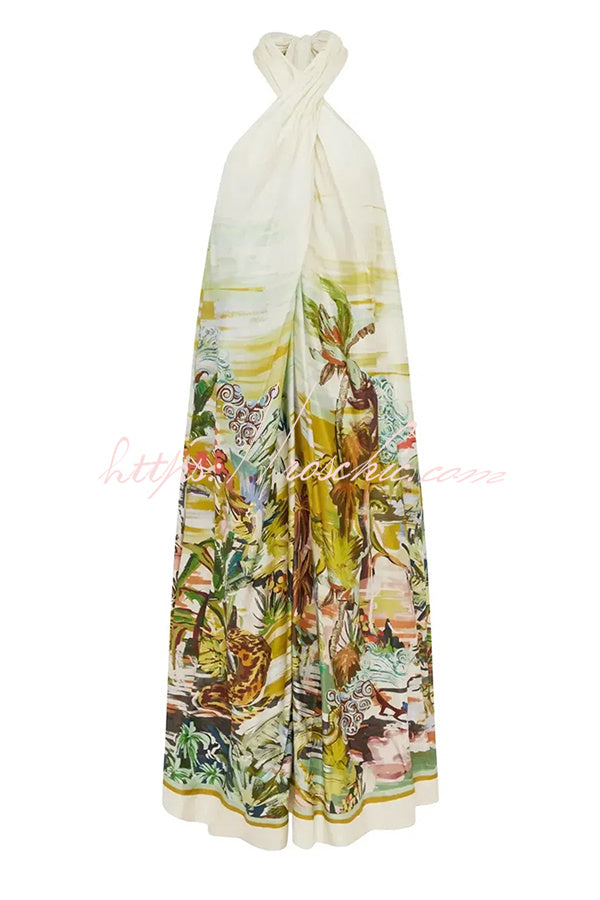 Tropical Halter Neck Backless Maxi Dress – Vacation Wear