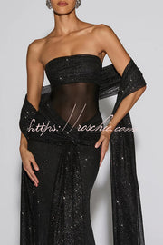 Sequined Mesh Off Shoulder Ruched Maxi Dress for Parties