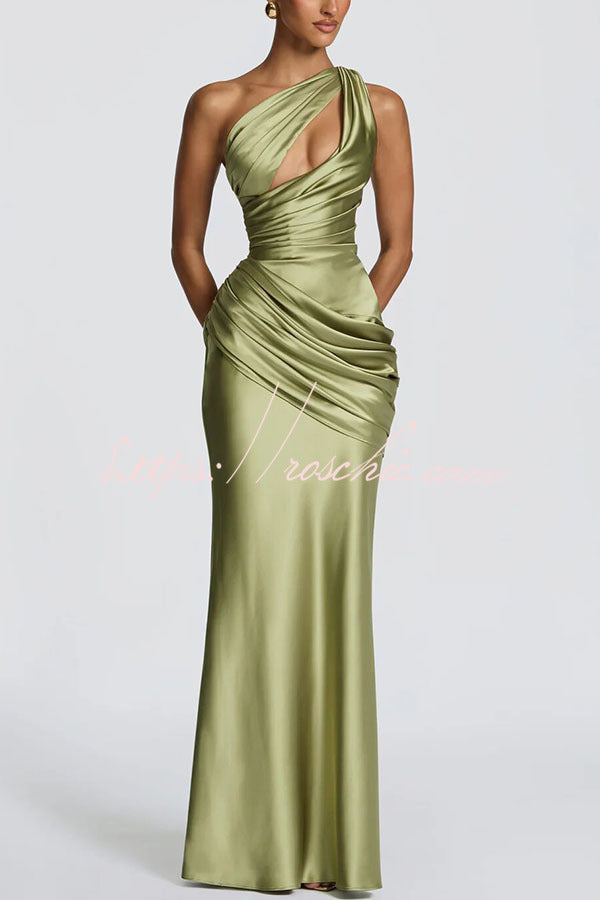Satin One-Shoulder Maxi Dress with Corset Back Lace-Up