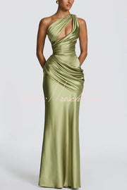 Satin One-Shoulder Maxi Dress with Corset Back Lace-Up