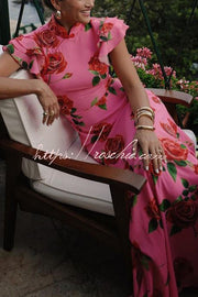 Rose Floral Print Cheongsam Maxi Dress with Tiered Sleeves