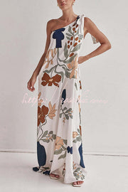 One Shoulder Printed Loose Maxi Dress with Pockets