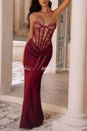 Floral Lace Strapless Maxi Dress with Lace-Up Back