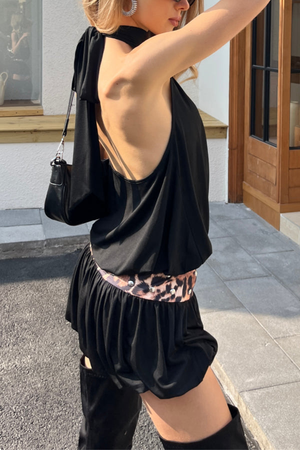Leopard Print Halter Neck Backless Mini Dress