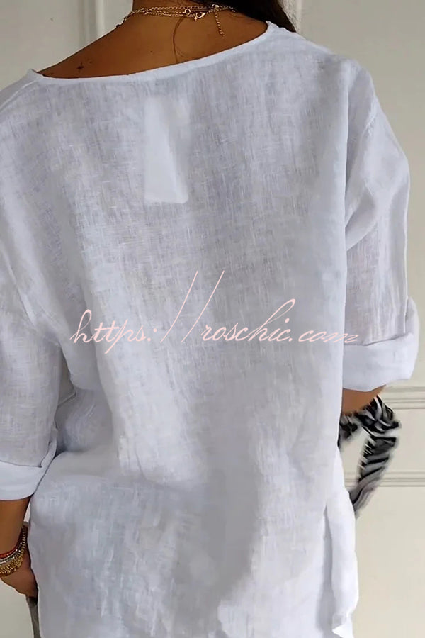 Linen Blend V-Neck Top | 3/4 Sleeve Loose Casual Blouse