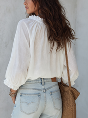 White Lace-Up Boho Blouse with Eyelet Trim