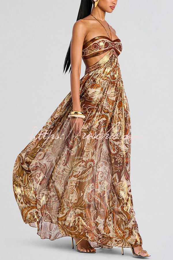 Chiffon Golden Paisley Cutout Halter Maxi Dress
