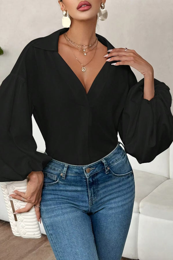 Polka Dot Puff Sleeve Collared Loose Blouse