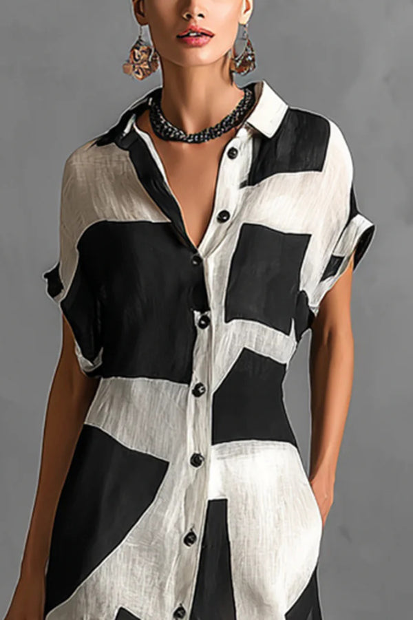 Geometric Print Lapel Maxi Dress – Loose Fit Vacation Dress