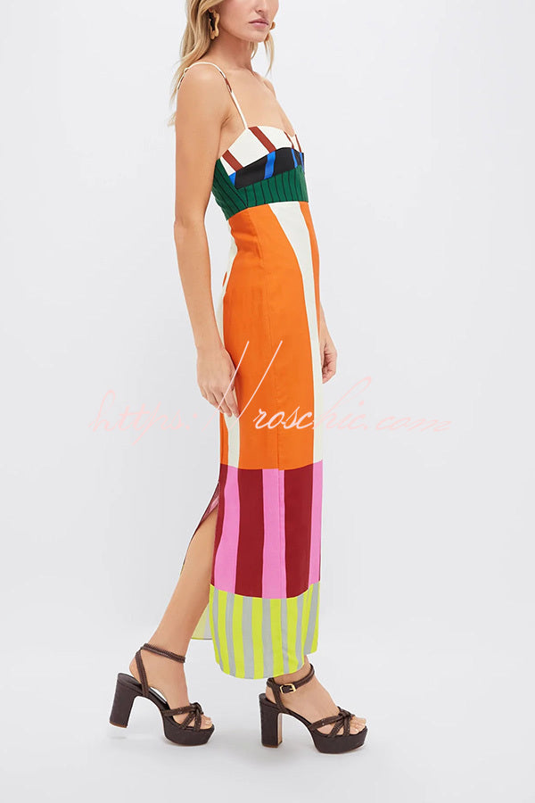 Linen Blend Color Block Slip Maxi Dress for Vacation