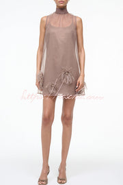 Sheer Chiffon Feather Mini Dress with Back Bow Detail