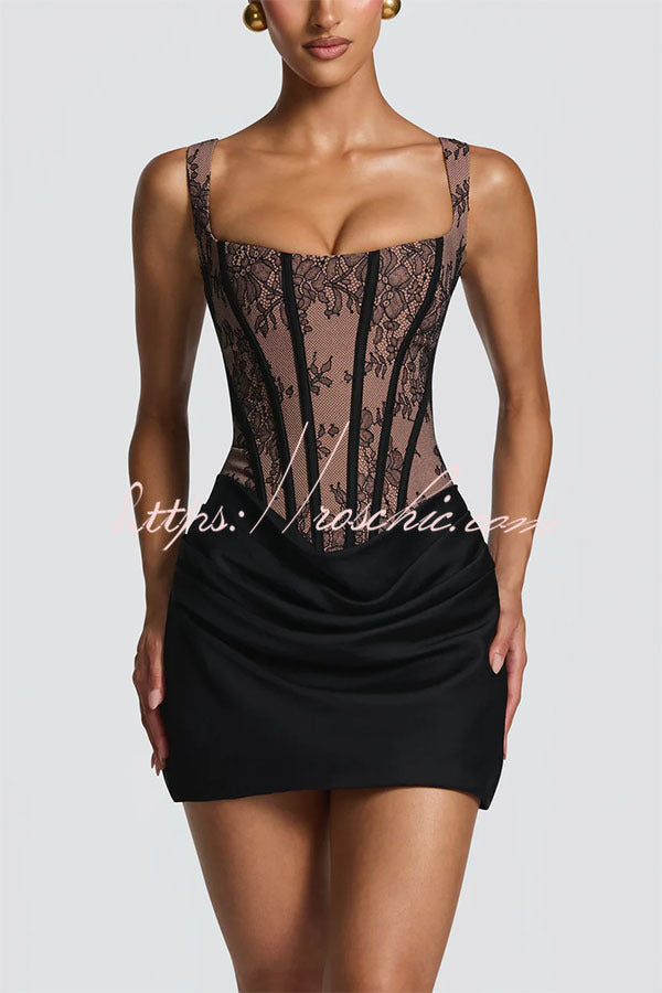 Floral Lace Corset Mini Dress with Satin Hem